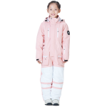 Combinaison ski enfant chaude avec fermeture éclaire de couleur rose et blanc, portée par une fille